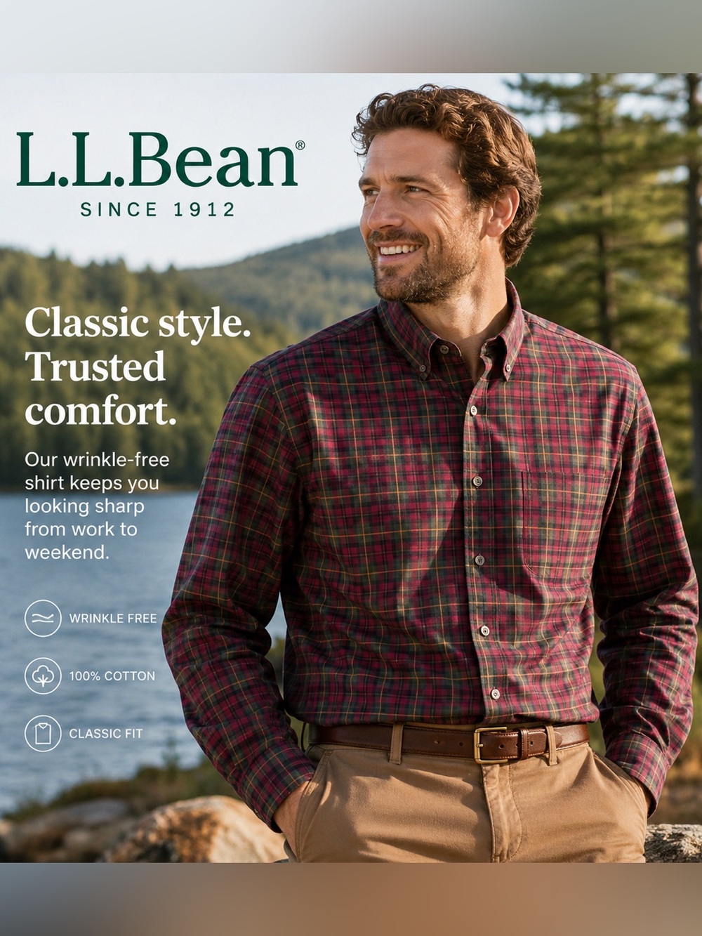 L.L.Bean Wrinkle Free Tartan Plaid Button Down Shirt Red Green Cotton, L Tall